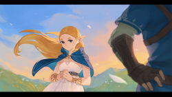 Rule 34 | 1boy, 1girl, absurdres, blonde hair, blue eyes, britneysheen, cape, capelet, clip studio paint (medium), dress, gloves, gown, hand on own hip, highres, jewelry, letterboxed, link, long hair, nintendo, open mouth, pointy ears, princess, princess zelda, the legend of zelda, the legend of zelda: breath of the wild