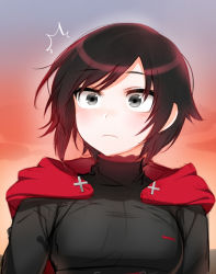 Rule 34 | 1girl, black dress, black hair, blush, breasts, cape, cross, dress, frill trim, frills, grey eyes, hood, medium breasts, multicolored hair, ndgd, red cape, red frills, red hair, ruby rose, rwby, short hair, sky, solo, sunset, surprised, two-tone hair, upper body, wide-eyed