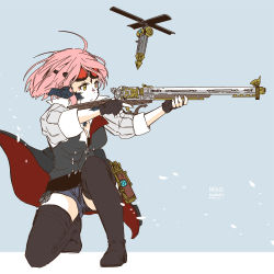 Rule 34 | 1girl, ahoge, au ra, black footwear, boots, breasts, cleavage, dragon horns, final fantasy, final fantasy xiv, fingerless gloves, gloves, goggles, goggles on head, gun, holding, holding gun, holding weapon, horns, kneeling, lili mdoki, machinist (final fantasy), medium breasts, on one knee, pink hair, profile, scales, short hair, shorts, simple background, solo, thigh boots, thighhighs, weapon, yellow eyes