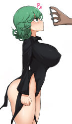 Rule 34 | 1girl, 1other, ?, ??, alternate breast size, ass, black dress, blush, breasts, cellphone, clenched hand, collared dress, covered erect nipples, covered navel, curly hair, dark-skinned male, dark skin, disembodied hand, dress, from side, green eyes, green hair, groin, highres, huge ass, large breasts, long sleeves, looking ahead, looking at phone, no bra, no panties, one-punch man, pelvic curtain, perky breasts, phone, profile, shiny skin, shortstack, side slit, simple background, standing, sweat, sweatdrop, tatsumaki, thick thighs, thighs, white background, yamaori