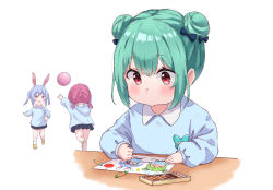 Rule 34 | 3girls, 6mint, animal ears, ball, blue hair, blush, brown eyes, child, child&#039;s drawing, commentary request, crayon, double bun, from behind, green hair, hair bun, highres, hololive, houshou marine, kindergarten uniform, long sleeves, multiple girls, playing, rabbit ears, red eyes, red hair, short twintails, simple background, standing, twintails, uruha rushia, usada pekora, virtual youtuber, white background, aged down