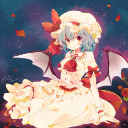 Rule 34 | 1girl, artist name, ascot, aura, bad id, bad pixiv id, bat wings, blue hair, brooch, dated, dress, flower, hat, hat ribbon, jewelry, looking at viewer, mob cap, nicole (usako), petals, puffy sleeves, red eyes, red flower, red rose, remilia scarlet, ribbon, rose, sash, short sleeves, signature, sitting, smile, solo, touhou, white dress, wings, wrist cuffs