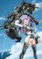 Rule 34 | 1girl, boots, breasts, frame arms girl, greifen, highres, kumichou (ef65-1118-ef81-95), looking to the side, mecha, mecha request, medium breasts, ocean, open hands, open mouth, purple eyes, purple hair, robot, thigh boots, thighhighs