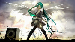 Rule 34 | 1girl, bird, cloud, cloudy sky, fence, from below, green eyes, green hair, hatsune miku, highres, long hair, loundraw, matching hair/eyes, microphone, microphone stand, music, open mouth, outdoors, panties, pantyshot, pleated skirt, signature, singing, sketch, skirt, sky, solo, standing, striped clothes, striped panties, thighhighs, twintails, underwear, upskirt, very long hair, vocaloid, wings