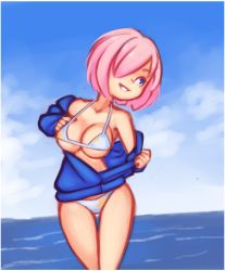 Rule 34 | 1girl, absurdres, bikini, blue jacket, breasts, cleavage, cloud, collarbone, drantyno, fate/grand order, fate (series), floral print, grin, hair over one eye, highres, jacket, large breasts, long sleeves, looking to the side, mash kyrielight, ocean, open clothes, open jacket, pink hair, print bikini, purple eyes, removing jacket, short hair, sky, smile, standing, swimsuit, teeth, undressing, water, white bikini