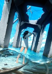 Rule 34 | 1girl, ahoge, black hair, blue sky, from behind, highres, ocean, one-piece swimsuit, original, outdoors, partially submerged, railroad tracks, ruins, scenery, sky, solo, summer, swimsuit, tank top, tsunosekai, wading