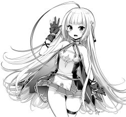 Rule 34 | 1girl, ahoge, arm up, azur lane, bare arms, bare shoulders, breasts, cowboy shot, dress, gloves, greyscale, hori (hori no su), huge ahoge, long hair, looking at viewer, monochrome, open mouth, partially fingerless gloves, pleated dress, skindentation, sleeveless, sleeveless dress, small breasts, smile, solo, strapless, strapless dress, thigh gap, thigh strap, thighs, vauquelin (azur lane), very long hair