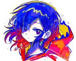 Rule 34 | 1girl, blue eyes, blue hair, braid, closed mouth, colored inner hair, commentary, cropped shoulders, diamond earrings, earrings, expressionless, floating hair, glint, hair over shoulder, half-closed eyes, highres, hood, hood down, jewelry, kamitsubaki studio, limited palette, looking at viewer, looking to the side, medium hair, multicolored eyes, multicolored hair, red eyes, red hair, red hood, rim (kamitsubaki studio), sanpaku, shade, side braid, simple background, solo, uenomigi, virtual youtuber, white background, yellow pupils