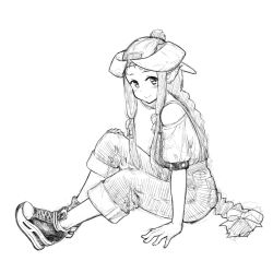 Rule 34 | 1girl, backwards hat, bare shoulders, baseball cap, blush, braid, closed mouth, commentary request, from side, greyscale, hair ribbon, hat, horned girl (jaco), horns, jaco, long hair, looking at viewer, looking to the side, monochrome, original, ribbon, shoes, short sleeves, shorts, simple background, single braid, smile, sneakers, solo, tress ribbon, very long hair, white background