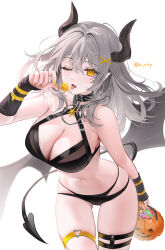 Rule 34 | 1girl, alternate breast size, arm warmers, armpit crease, bare shoulders, belt buckle, bikini, black bikini, black choker, breasts, buckle, candy, choker, cleavage, cowboy shot, criss-cross halter, demon girl, demon horns, demon tail, demon wings, fang, food, grey hair, hair ornament, hairclip, halloween, halloween bucket, halloween costume, halterneck, hand up, heart, highres, holding, holding candy, holding food, holding lollipop, honkai: star rail, honkai (series), horns, large breasts, leaning forward, lollipop, long hair, looking at viewer, multi-strapped bikini bottom, nail polish, navel, one eye closed, open mouth, pointy ears, rity, sidelocks, simple background, skindentation, solo, standing, stelle (honkai: star rail), stomach, string bikini, swimsuit, tail, thigh strap, thighs, tongue, tongue out, trailblazer (honkai: star rail), white background, wings, wrist belt, x hair ornament, yellow eyes, yellow nails