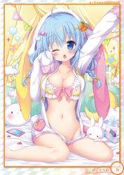 Rule 34 | 1girl, ;o, ahoge, animal ears, arm up, bare legs, blue eyes, blue hair, bottomless, bra, breasts, rabbit ears, rabbit tail, candy hair ornament, carrot hair ornament, cellphone, cleavage, collarbone, crescent, curtains, fake animal ears, fake tail, fang, food-themed hair ornament, hair ornament, heart, highres, hood, hoodie, long hair, long sleeves, looking at viewer, medium breasts, navel, one eye closed, open clothes, open mouth, original, otona no moeoh, phone, picpicgram, pillow, sitting, sleeves past fingers, sleeves past wrists, smartphone, solo, star (symbol), tail, underwear, wariza, x hair ornament, yellow bra