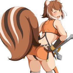 Rule 34 | 1girl, absurdres, animal ears, antenna hair, arc system works, ass, bare shoulders, black gloves, blazblue, blush, breasts, brown eyes, brown hair, cowboy shot, crop top, fingerless gloves, from behind, gloves, highres, huge breasts, looking at viewer, looking back, makoto nanaya, miniskirt, mirano, multicolored hair, one eye closed, open mouth, short hair, skirt, solo, squirrel ears, squirrel tail, standing, tail, thighhighs, thighs, thong, underboob, weapon, white background
