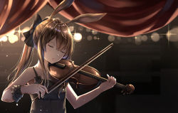 Rule 34 | 1girl, amiya (arknights), animal ears, arknights, black bow, black dress, blush, bow, bow (music), brown hair, chahei, closed eyes, commentary, curtains, dress, hair between eyes, holding, holding bow (music), holding instrument, holding violin, instrument, long hair, music, parted lips, playing instrument, ponytail, rabbit ears, sidelocks, sleeveless, sleeveless dress, solo, upper body, violin