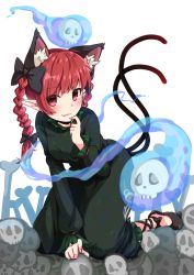 Rule 34 | 1girl, :3, animal ears, black bow, black footwear, bow, braid, cat ears, dress, extra ears, fang, green dress, hair bow, heart, highres, hitodama, kaenbyou rin, long sleeves, looking at viewer, nekomata, pointy ears, red eyes, red hair, shoes, skin fang, skull, solo, tail, take no ko (4919400), touhou, twin braids