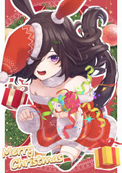 Rule 34 | 1girl, absurdres, black hair, christmas, confetti, dress, ear covers, fur-trimmed dress, fur-trimmed headwear, fur choker, fur trim, gift, hair over one eye, hat, highres, holding, holding party popper, horse girl, horse tail, inui (inuiw ), long hair, looking at viewer, merry christmas, party popper, purple eyes, red dress, red hat, rice shower (umamusume), santa costume, santa dress, santa hat, single ear cover, solo, strapless, strapless dress, streamers, tail, thighhighs, tilted headwear, umamusume