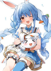 Rule 34 | &gt; &lt;, 1girl, :d, ;d, animal ears, blue hair, blue thighhighs, braid, bridal garter, carrot hair ornament, creature, detached collar, extra ears, food-themed hair ornament, gloves, hair ornament, hana mori, highres, holding, holding creature, hololive, long hair, multicolored clothes, multicolored hair, multicolored skirt, one eye closed, open mouth, pekomon (usada pekora), petting, rabbit ears, short eyebrows, simple background, single thighhigh, skirt, smile, solo, thick eyebrows, thighhighs, twin braids, twintails, two-tone hair, usada pekora, very long hair, virtual youtuber, white background, white gloves, white hair, xd