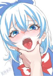 Rule 34 | 0002koko, 1girl, 1other, artist name, blue bow, blue dress, blue eyes, blue hair, blush, bow, cheek squash, cirno, collared shirt, commentary request, dress, furrowed brow, hair bow, highres, long hair, looking at viewer, meme, neck ribbon, open mouth, pov cheek grabbing (meme), red ribbon, ribbon, saliva, sexually suggestive, shirt, simple background, solo focus, tearing up, tears, teeth, tongue, tongue out, touhou, upper body, upper teeth only, white background, white shirt