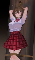 Rule 34 | 1girl, absurdres, arms up, bound, bow, bowtie, breasts, brown eyes, brown hair, commentary request, falken (yutozin), hair between eyes, highres, medium breasts, open mouth, original, plaid, plaid skirt, red bow, red bowtie, red skirt, restrained, rope, school uniform, shirt, short hair, short sleeves, skirt, standing, teeth, tied up (nonsexual), upper teeth only, white shirt