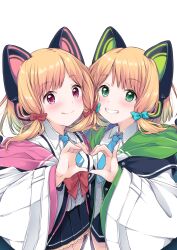Rule 34 | 2girls, absurdres, animal ear headphones, animal ears, aqua bow, black skirt, blonde hair, blue archive, blue necktie, blush, bow, closed mouth, collared shirt, fake animal ears, green eyes, grin, hair bow, headphones, heart, heart hands, heart hands duo, highres, jacket, long sleeves, looking at viewer, midori (blue archive), mikuchi3939, momoi (blue archive), multicolored clothes, multicolored jacket, multiple girls, necktie, pink eyes, pleated skirt, red bow, shirt, short hair, siblings, simple background, sisters, skirt, smile, tongue, tongue out, twins, two-tone jacket, white background, white shirt, wide sleeves