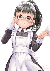 Rule 34 | 1girl, apron, black bow, black dress, blush, bow, brown-framed eyewear, closed mouth, collared dress, commentary request, dated, dress, duster, frilled apron, frills, fukuyama mai, glasses, grey eyes, grey hair, hair bow, high ponytail, highres, holding, holding duster, idolmaster, idolmaster cinderella girls, idolmaster cinderella girls starlight stage, juliet sleeves, long sleeves, looking at viewer, maid, maid apron, maid headdress, ponytail, puffy sleeves, regular mow, signature, simple background, smile, solo, twitter username, white apron, white background