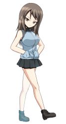 Rule 34 | 1girl, absurdres, ankle boots, blue footwear, blue jacket, blue skirt, boots, brown eyes, brown hair, closed mouth, commentary, emblem, full body, girls und panzer, grey socks, hands in pockets, highres, jacket, kamishima kanon, keizoku military uniform, long hair, looking at viewer, mika (girls und panzer), military, military uniform, miniskirt, no headwear, pleated skirt, raglan sleeves, simple background, skirt, sleeveless, sleeveless jacket, smirk, socks, solo, standing, track jacket, uniform, walking, white background, zipper