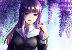 Rule 34 | 1girl, :d, asagami fujino, bad id, bad pixiv id, black dress, blunt bangs, blurry, blurry foreground, dress, flower, hime cut, holding, holding hair, kara no kyoukai, long hair, long sleeves, looking at viewer, no pupils, nun, open mouth, purple hair, red eyes, reien girl&#039;s academy school uniform, school uniform, skipjack01, smile, solo, straight hair, traditional nun, upper body, wisteria