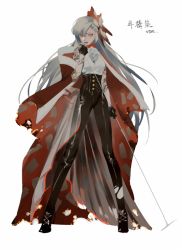 Rule 34 | 1girl, alternate costume, burnt clothes, cape, fujiwara no mokou, full body, hair ornament, hair ribbon, high-waist pants, high heels, long hair, long legs, looking at viewer, microphone, open mouth, pants, red eyes, rei (sanbonzakura), ribbon, shirt, silver hair, simple background, solo, torn clothes, torn pants, touhou, white background