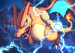 Rule 34 | animal focus, blue eyes, charizard, creatures (company), dragon, dragon tail, dragon wings, fire, flame-tipped tail, game freak, gen 1 pokemon, glowing, glowing hand, highres, incoming attack, lying, nintendo, no humans, on side, pokemon, pokemon (creature), serious, solo, tail, thunder punch (pokemon), wings, yottur