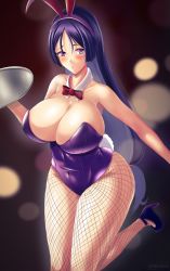 Rule 34 | 1girl, absurdres, alternate costume, animal ears, bare shoulders, blurry, blurry background, blush, bow, breasts, cleavage, collarbone, detached collar, fake animal ears, fate/grand order, fate (series), fishnet legwear, fishnets, high heels, highres, holding, holding tray, large breasts, leg up, leotard, looking to the side, minamoto no raikou (fate), parted bangs, parted lips, playboy bunny, purple eyes, purple footwear, purple hair, purple leotard, rabbit ears, rabbit tail, red bow, rikadoh, tail, thick thighs, thighs, tray