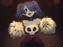 Rule 34 | 1girl, blue hair, blue skin, collarbone, colored skin, cowboy shot, detached collar, detached sleeves, hair over one eye, highres, hikarek, open mouth, red eyes, skeleton, skullgirls, solo, squigly (skullgirls), stitched mouth, stitches, twintails, zombie