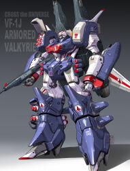 Rule 34 | absurdres, character name, choujikuu yousai macross, commentary request, energy cannon, english text, gradient background, gunpod, highres, laser cannon, machinery, macross, maeda hiroyuki, mecha, mecha focus, missile pod, original, reactive armor, redesign, robot, roundel, science fiction, signature, u.n. spacy, vf-1, vf-1j, vf-1j armored