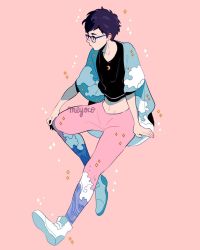 Rule 34 | 1boy, artist name, bad id, bad instagram id, black hair, black shirt, crescent, crop top, full body, glasses, highres, invisible chair, katsuki yuuri, male focus, meyoco, midriff, navel, pants, pink background, pink pants, print pants, profile, shirt, shoes, short hair, simple background, sitting, solo, wave print, waves, white footwear, yuri!!! on ice