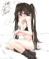 Rule 34 | &gt;:), 10s, 1girl, ahoge, bare arms, bare shoulders, bed sheet, black bra, black socks, blank speech bubble, blush, bra, breast hold, breasts, brown eyes, brown hair, closed mouth, collarbone, covering privates, hair between eyes, hair ribbon, kantai collection, kneehighs, long hair, looking at viewer, loose clothes, matching hair/eyes, navel, no shoes, on bed, ribbon, rizzl, signature, sitting, socks, solo, speech bubble, stomach, strap slip, tone (kancolle), twintails, underwear, v-shaped eyebrows, very long hair