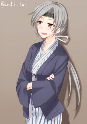 Rule 34 | 1girl, anti (untea9), brown background, chitose (kancolle), crossed arms, grey eyes, grey hair, hair ribbon, headband, highres, japanese clothes, kantai collection, kimono, long hair, looking to the side, open mouth, ponytail, ribbon, shadow, signature, smile, sweat, yukata