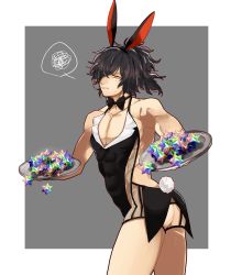 Rule 34 | 1boy, animal ears, annoyed, arched back, ass cutout, backless outfit, black bow, black bowtie, blush, bow, bowtie, clothing cutout, cowboy shot, detached collar, fake animal ears, fake tail, fate/grand order, fate (series), from side, grey background, hair over one eye, highres, koha-ace, male focus, male playboy bunny, okada izou (fate), outside border, pectorals, rabbit ears, rabbit tail, saint quartz (fate), simple background, solo, standing, sweat, tail, tray, twisted torso, u 5ham0, unmoving pattern, v-shaped eyebrows, wavy hair, wavy mouth, yellow eyes