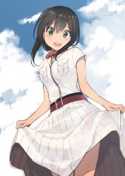 Rule 34 | 1girl, belt, belt buckle, black hair, blouse, blush, breast pocket, breasts, buckle, clothes lift, cloud, cosplay, day, dress, dress lift, fubuki (kancolle), green eyes, hair between eyes, highres, kantai collection, looking at viewer, looking down, masukuza j, medium hair, neckerchief, open mouth, outdoors, pocket, red belt, red neckerchief, saratoga (kancolle), saratoga (kancolle) (cosplay), shirt, short sleeves, sidelocks, sky, small breasts, solo, upper body, white dress, white shirt