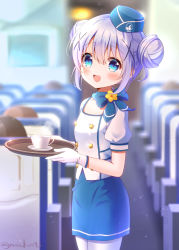 Rule 34 | 1girl, :d, airplane interior, blue eyes, blue hair, blue skirt, blurry, blurry background, buttons, cup, double-breasted, double bun, flight attendant, flower, gloves, gochuumon wa usagi desu ka?, hair bun, hair ornament, hat, holding, holding tray, kafuu chino, looking at viewer, mozukun43, open mouth, ribbon, shirt, sidelocks, skirt, smile, solo focus, standing, travel attendant, tray, twitter username, white gloves, white legwear, white shirt, x hair ornament
