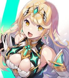 Rule 34 | 1girl, bare shoulders, blonde hair, breasts, chest jewel, cleavage, cleavage cutout, clothing cutout, dress, earrings, elbow gloves, gem, gloves, hair ornament, headpiece, highres, jewelry, large breasts, long hair, moruno mgmg, mythra (xenoblade), nintendo, solo, swept bangs, tiara, very long hair, white dress, white gloves, xenoblade chronicles (series), xenoblade chronicles 2, yellow eyes