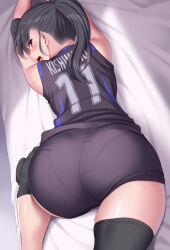 Rule 34 | 1girl, ass, black eyes, black hair, black shirt, black shorts, black thighhighs, commentary request, elbow pads, high ponytail, huyumitsu, knee pads, long hair, looking at viewer, looking back, open mouth, original, ponytail, shirt, shorts, sideways glance, single elbow pad, sleeveless, sleeveless shirt, solo, sportswear, thighhighs, volleyball uniform