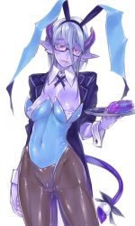 Rule 34 | 1girl, animal ears, artificial vagina, black-framed eyewear, black pantyhose, blazer, blue skin, blush, bow, breasts, bubuzuke, cameltoe, cleavage, colored skin, covered navel, cowboy shot, demon girl, demon tail, detached collar, fake animal ears, glasses, groin, hair between eyes, hairband, head tilt, headband, highleg, highleg leotard, highres, holding, horns, jacket, large breasts, latex, leotard, lips, long pointy ears, looking at viewer, mole, mole under mouth, monster girl, nippleless clothes, nipples, open clothes, open jacket, original, pantyhose, parted lips, playboy bunny, pointy ears, pom pom (clothes), purple skin, rabbit ears, red eyes, ribbon, sagging breasts, see-through, semi-rimless eyewear, sex toy, shiny clothes, simple background, skin tight, solo, stand, standing, tail, tail bow, tail ornament, tailcoat, tray, under-rim eyewear, white background, wrist cuffs