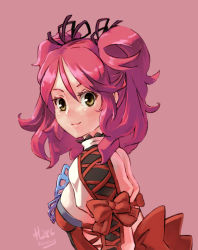 Rule 34 | 1girl, 2013, blush, bow, breasts, brown eyes, cheria barnes, dated, dress, hair ribbon, junkpuyo, pink background, pink hair, ribbon, simple background, small breasts, smile, solo, tales of (series), tales of graces, twintails, upper body