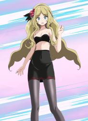 Rule 34 | 1girl, bare arms, black bra, black skirt, blonde hair, blue eyes, bra, breasts, caitlin (fall 2021) (pokemon), caitlin (pokemon), cleavage, collarbone, covered navel, creatures (company), d:, floating hair, game freak, grey hairband, hairband, highres, long hair, looking at viewer, midriff, miniskirt, nail polish, nintendo, open mouth, pantyhose, parted bangs, pencil skirt, pokemon, pokemon masters ex, red nails, skirt, small breasts, solo, standing, stomach, strapless, strapless bra, tsukishiro saika, underwear, very long hair