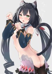 Rule 34 | 1girl, animal ear fluff, animal ears, ass, black hair, black legwear, blue sleeves, blush, breasts, cat ears, cat girl, cat tail, covered erect nipples, detached sleeves, green eyes, heart pasties, highres, karyl (princess connect!), long hair, long sleeves, looking at viewer, looking back, low twintails, meme attire, multicolored hair, nude, open mouth, pasties, paw pose, princess connect!, revealing clothes, reverse bunnysuit, reverse outfit, seijun (seijun01), small breasts, solo, streaked hair, tail, twintails, very long hair, white background