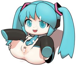 Rule 34 | 1girl, anus, breasts, censored, chibi, cum, cumdrip, detached sleeves, facial, green eyes, green hair, hatsune miku, highres, long hair, matching hair/eyes, necktie, nipples, nude, open mouth, pussy, simple background, small breasts, smile, solo, spread legs, twintails, ume (noraneko), very long hair, vocaloid, white background