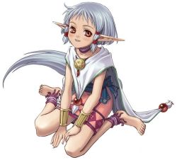 Rule 34 | 1girl, anklet, barefoot, blue hair, brown eyes, cape, choker, falcom, full body, isha (ys), jewelry, long pointy ears, lots of jewelry, necklace, official art, pointy ears, short hair, sitting, skirt, smile, solo, tail, taue shunsuke, wariza, white background, wrist cuffs, ys, ys vi, ys vi ark of napishtim