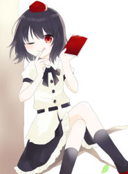 Rule 34 | 1girl, black bow, black hair, black neckwear, black skirt, black socks, book, bow, buttons, closed mouth, collar, crossed legs, hair between eyes, hands up, hat, leaf, looking at viewer, one eye closed, red eyes, red footwear, red hat, shameimaru aya, shirt, shoes, short hair, short sleeves, sitting, skirt, sky, smile, socks, solo, tokin hat, tongue, tongue out, touhou, tree, umi (nana spring), white collar, white shirt, white sky, white sleeves
