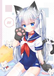 Rule 34 | 1girl, animal ear fluff, animal ears, animal hands, bell, blue eyes, blue sailor collar, blush, bow, cat ears, collar, commentary request, covered navel, gloves, grey hair, hair ornament, hairclip, highres, looking at viewer, neck bell, neckerchief, original, paw gloves, red neckerchief, ribbon, sailor collar, school swimsuit, school uniform, serafuku, shirt, swimsuit, tail, tail bow, tail ornament, tail ribbon, twintails, white legwear, white shirt, yukine