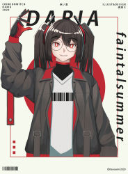 Rule 34 | 1girl, absurdres, album cover, barcode print, black hair, cover, frills, glasses, gloves, highres, itsuwami, jacket, red eyes, self-upload, twintails