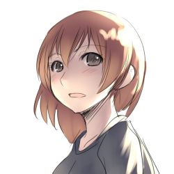 Rule 34 | 1girl, aaaa (quad-a), bad id, bad pixiv id, black shirt, blouse, blush, brown hair, portrait, shirt, simple background, solo, tagme, white background