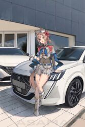 Rule 34 | 1girl, absurdres, animal ears, artist name, asama (drift in), blue eyes, boots, car, full body, gloves, highres, horse ears, horse girl, light brown hair, looking at viewer, low twintails, motor vehicle, outdoors, shorts, single glove, smile, solo, twintails, umamusume, venus paques (umamusume), white footwear, white shorts